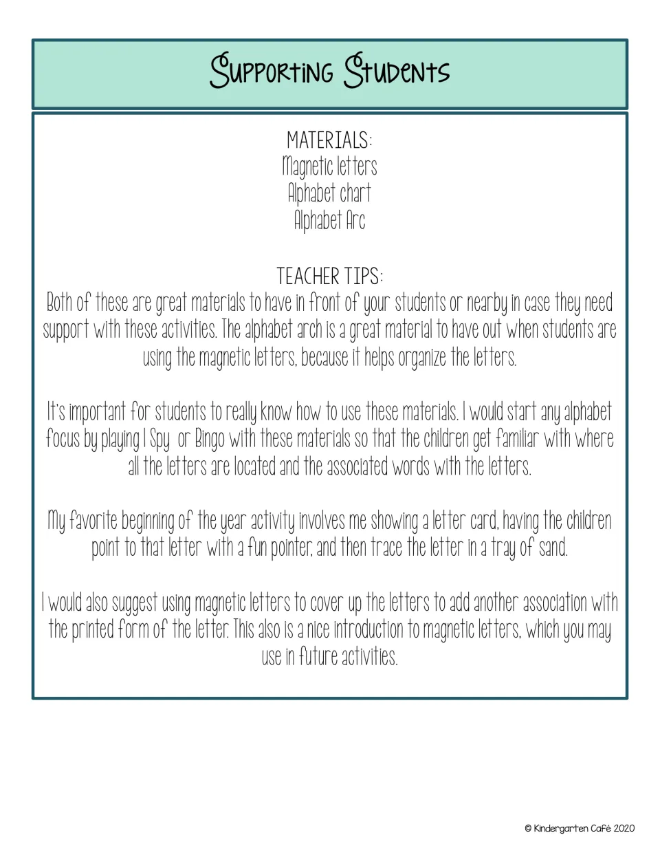 Supporting Students teacher notes: materials magnetic letters, alphabet chart and alphabet arc, with tips for using them