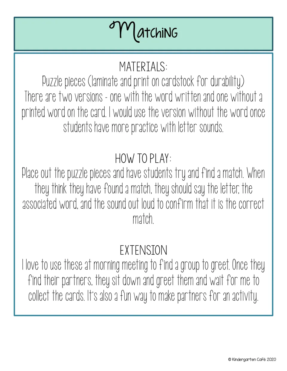 Matching game directions: students join puzzle pieces, say the letter, picture word and sound aloud to confirm a match