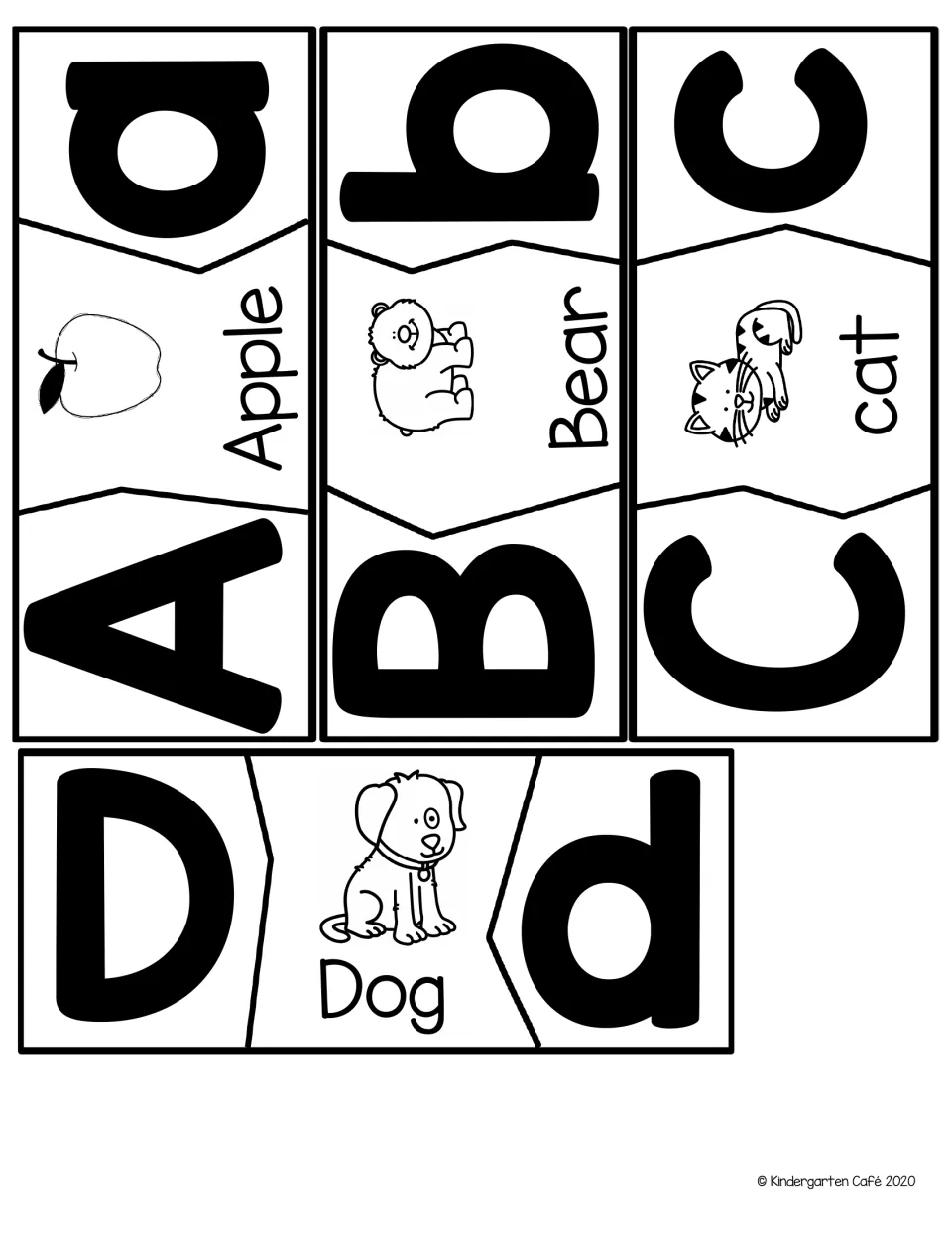 Puzzle cards for letters A to D: each joins a capital, a lowercase letter and a picture word, from apple and bear to dog