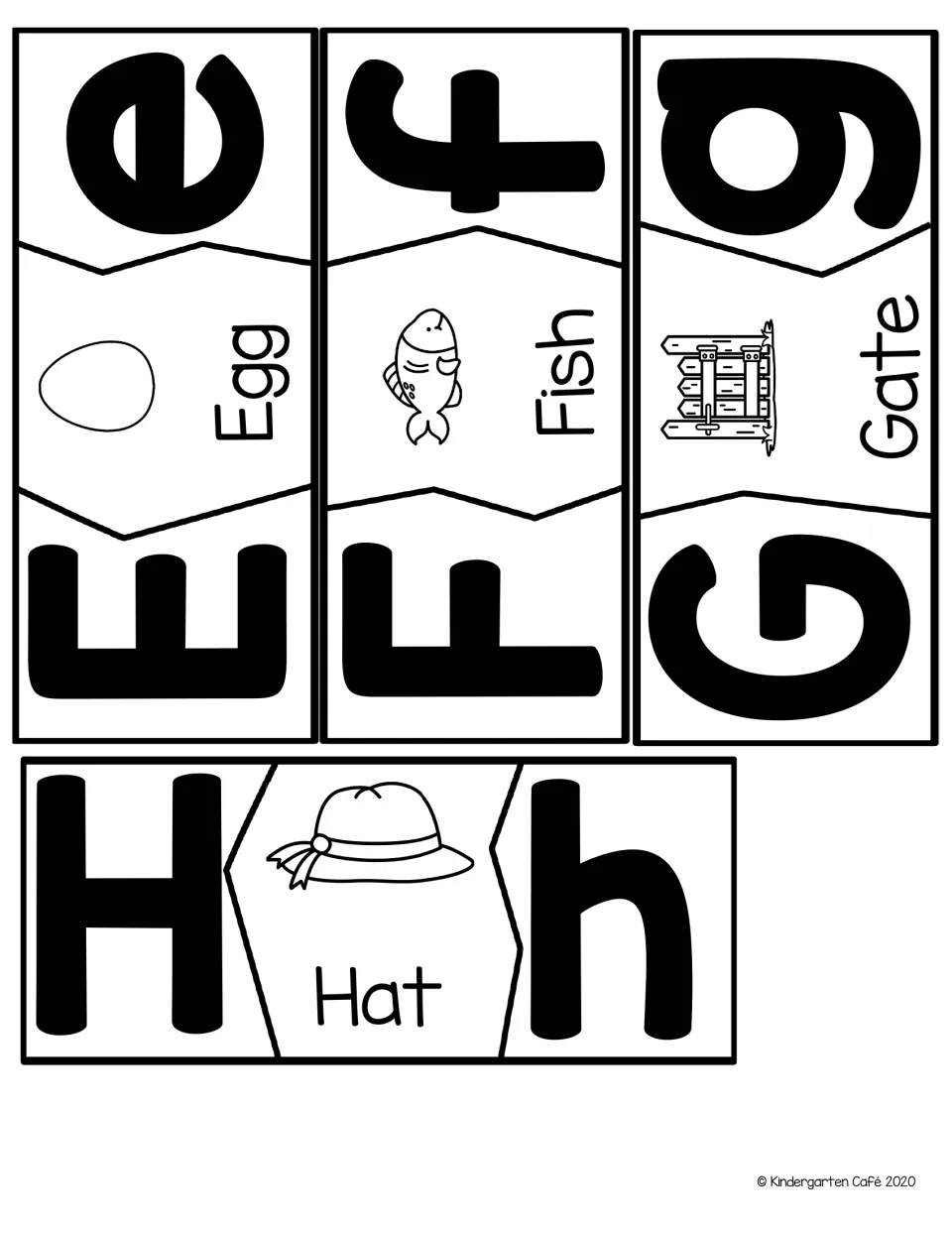 Puzzle cards for letters E to H: capital and lowercase letters link through picture words egg, fish, gate and hat