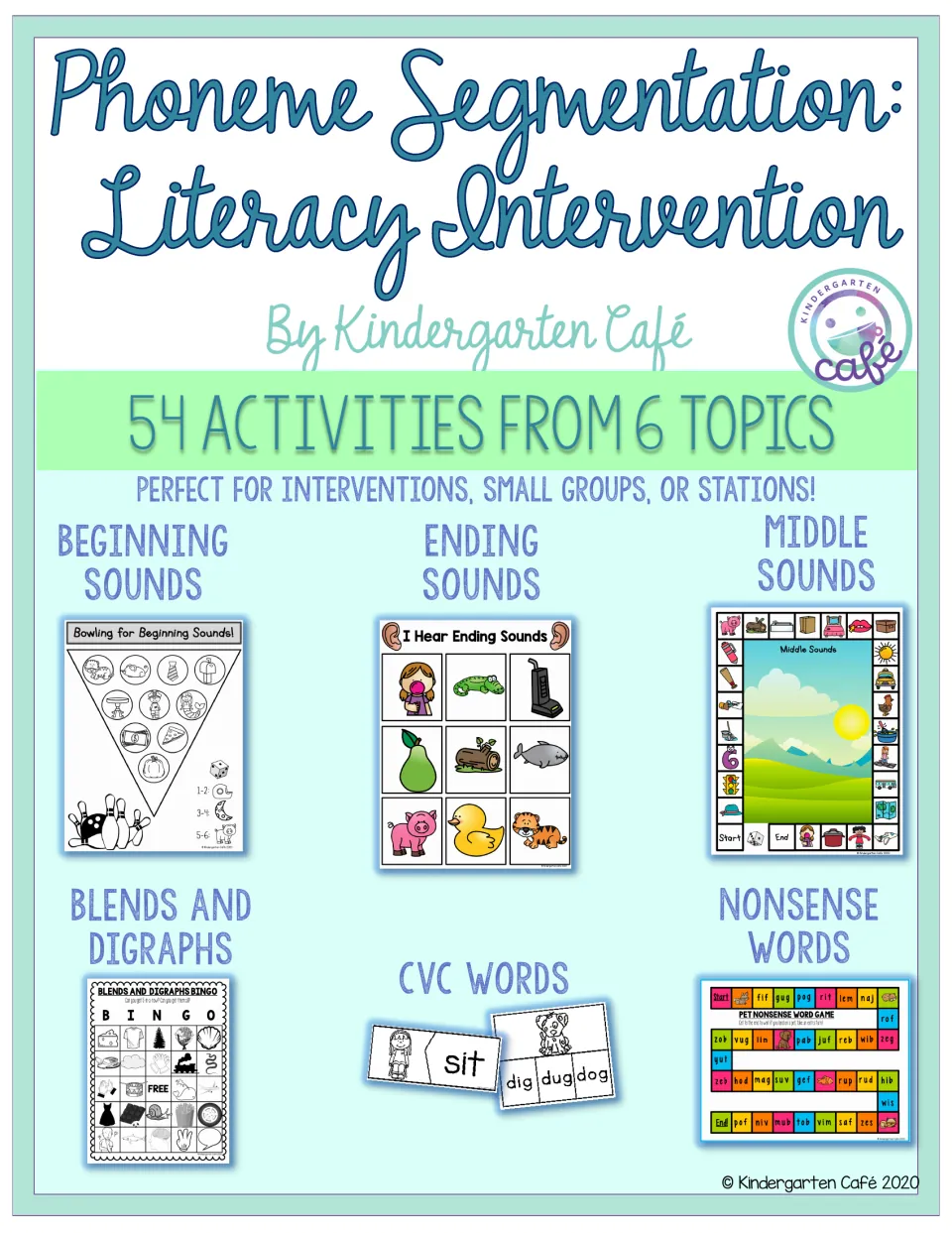 Phoneme Segmentation cover: 54 activities in 6 topics, from beginning, ending and middle sounds to CVC and nonsense words