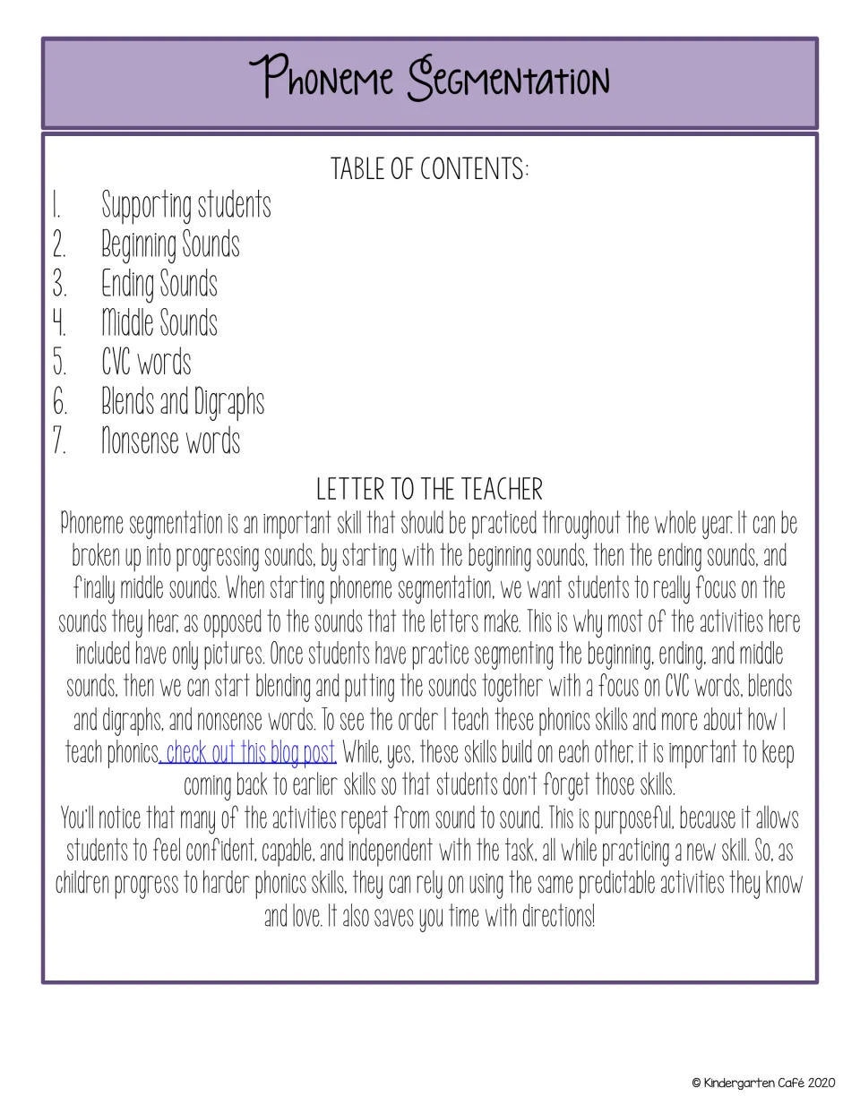 Phoneme segmentation contents listing 7 sections, plus a teacher letter on ordering sounds from beginning to middle