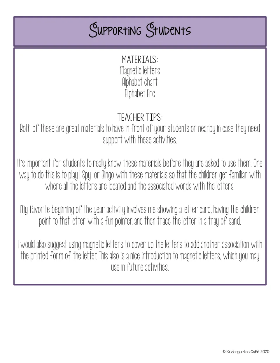 Supporting Students: materials list of magnetic letters, alphabet chart and arc, with tips such as I Spy and sand tracing