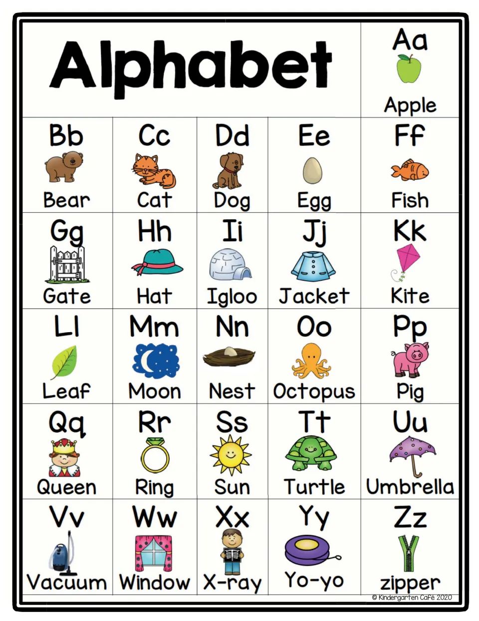 Alphabet chart pairing each letter with a picture word, from Aa apple, Bb bear and Cc cat through Yy yo-yo and Zz zipper