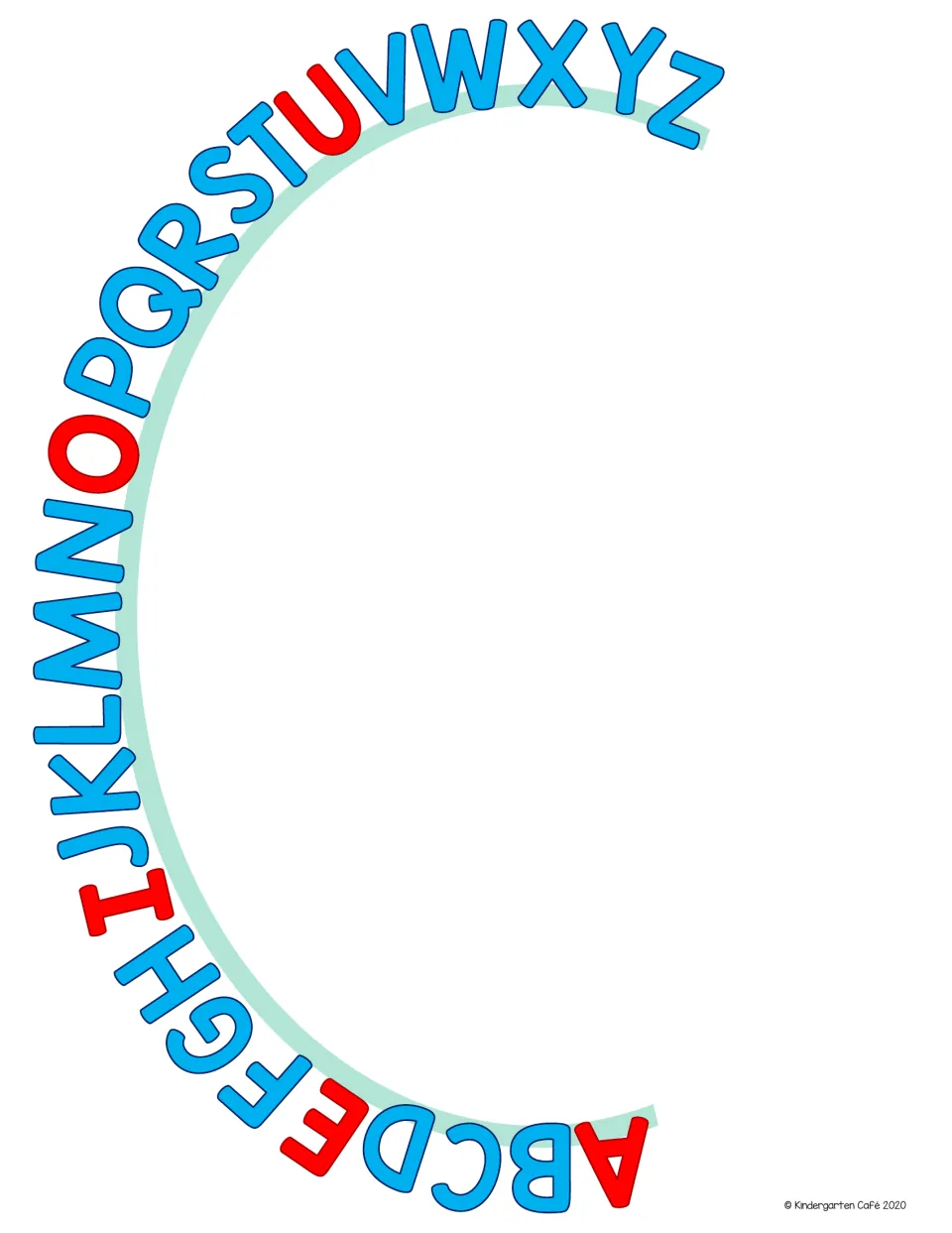 Uppercase alphabet arc running A to Z in blue, with the vowels A, E, I, O and U shown in red for letter location practice