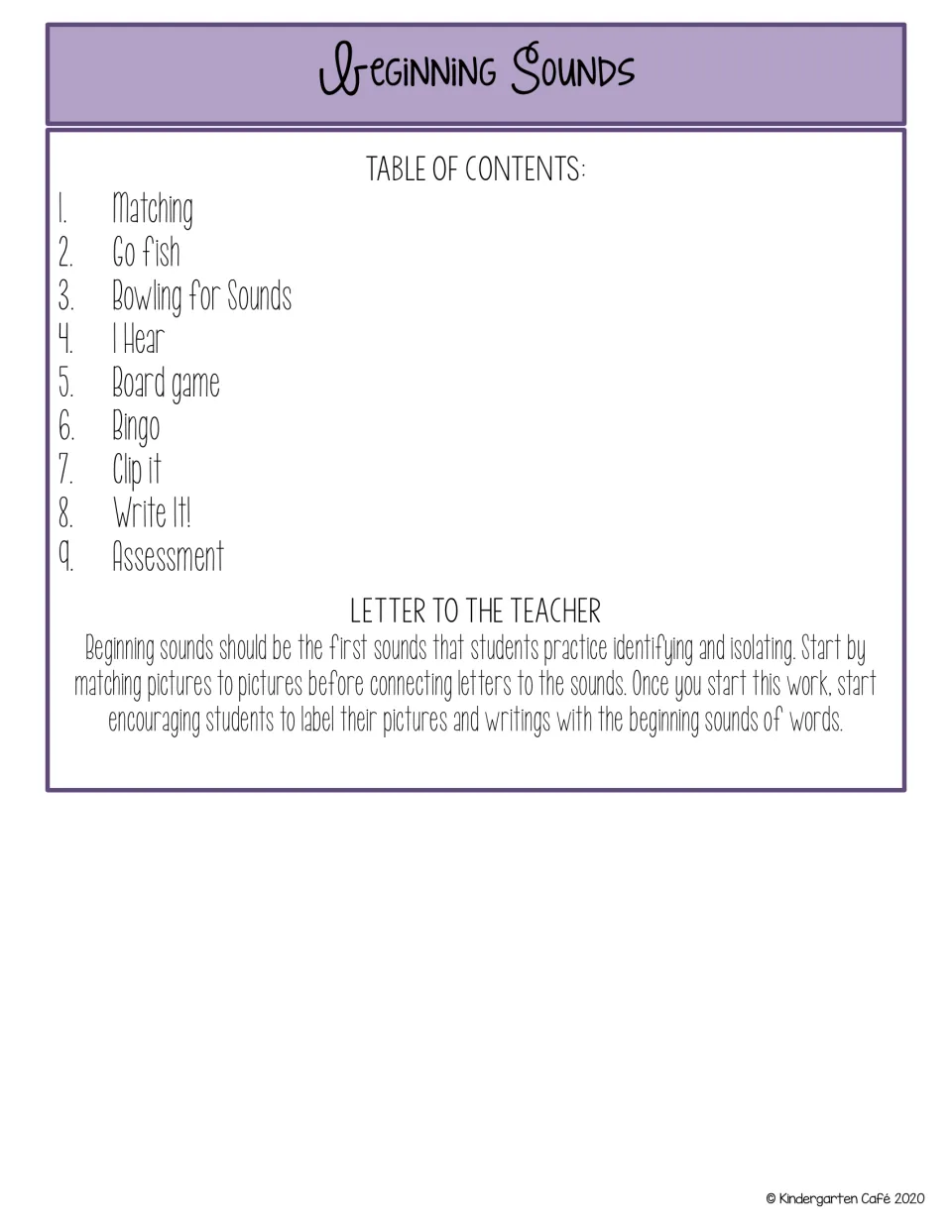 Beginning Sounds section contents listing nine activities from Matching and Go Fish to Bingo, Clip It and an assessment