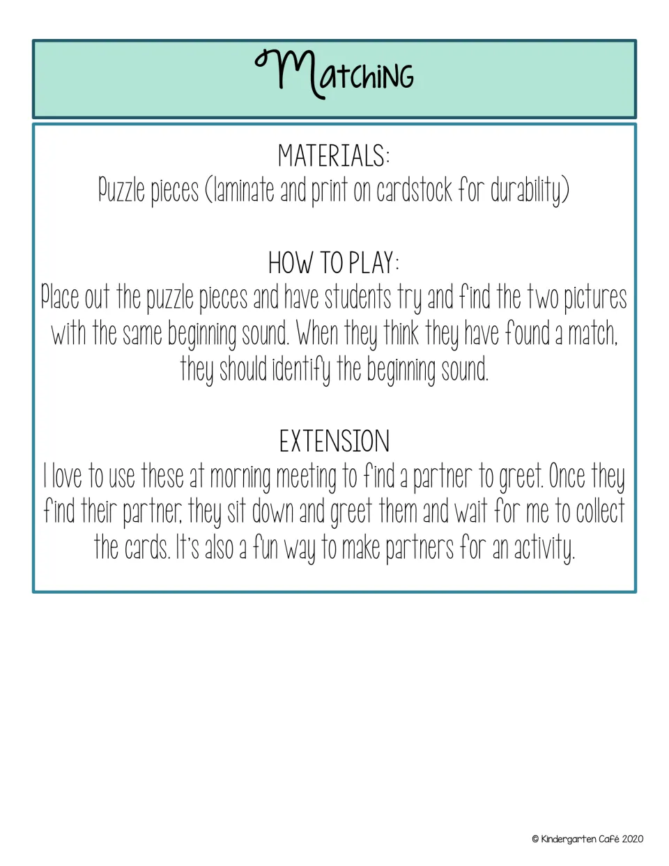 Matching directions: students find two puzzle pictures that share a beginning sound and then name that sound aloud
