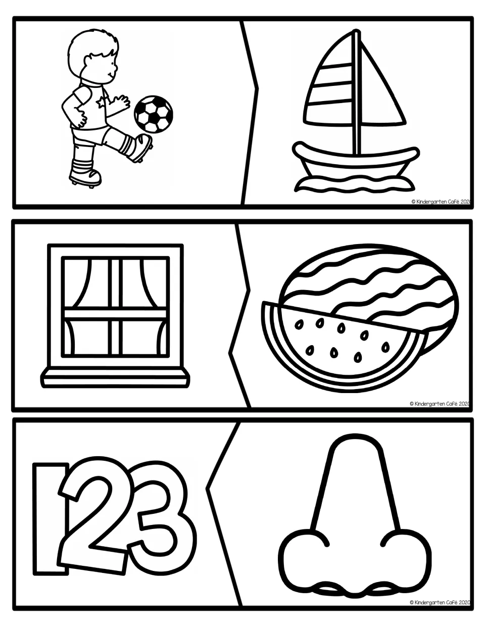 Beginning sound puzzles: students join halves that start alike, such as soccer and sailboat, window and watermelon