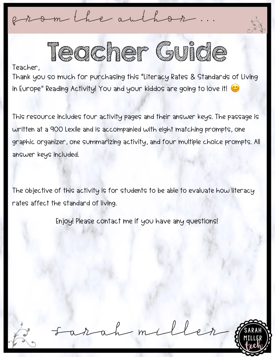 Teacher guide introducing the reading packet, its 900 Lexile passage, activities, and learning objective