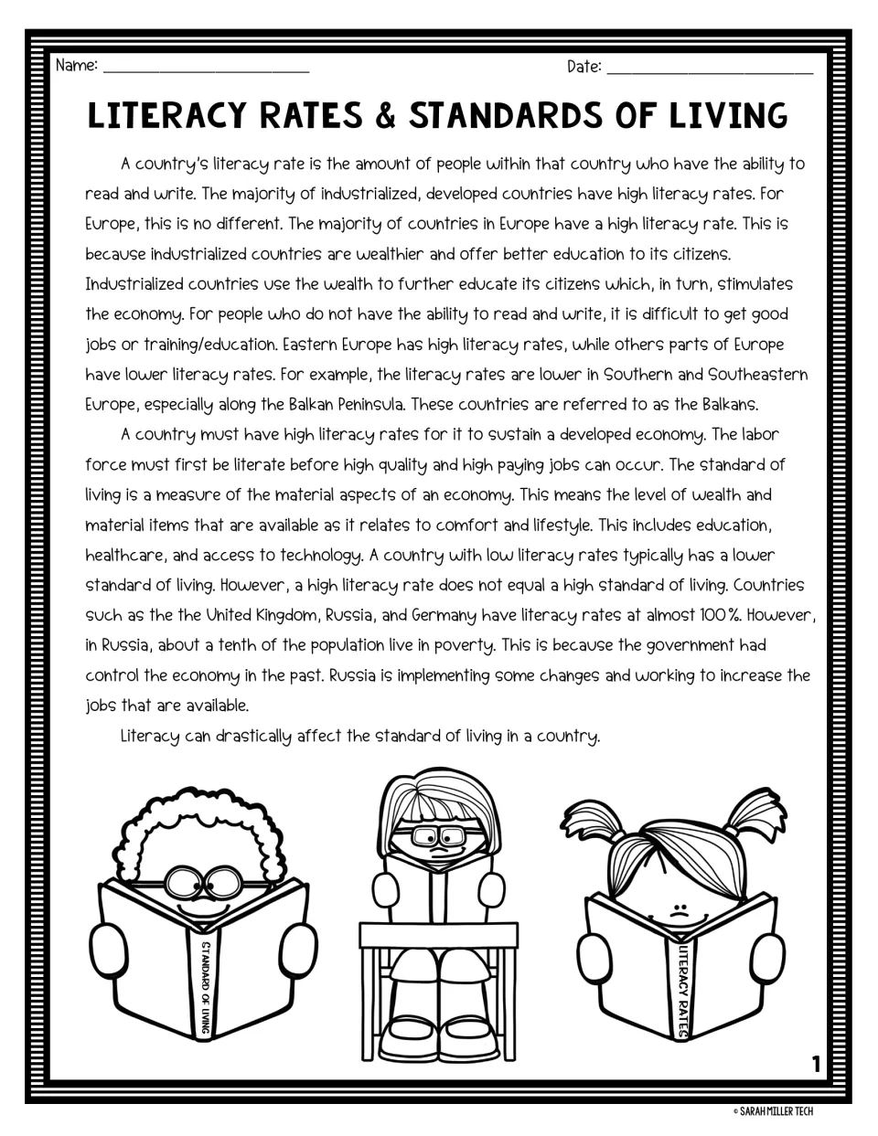 Reading passage explaining literacy rates, education, jobs, and standards of living in European countries