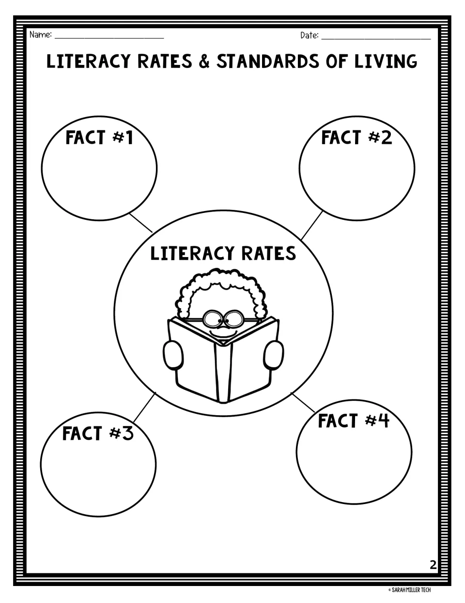 Literacy rates graphic organizer asking students to record four facts from the reading passage