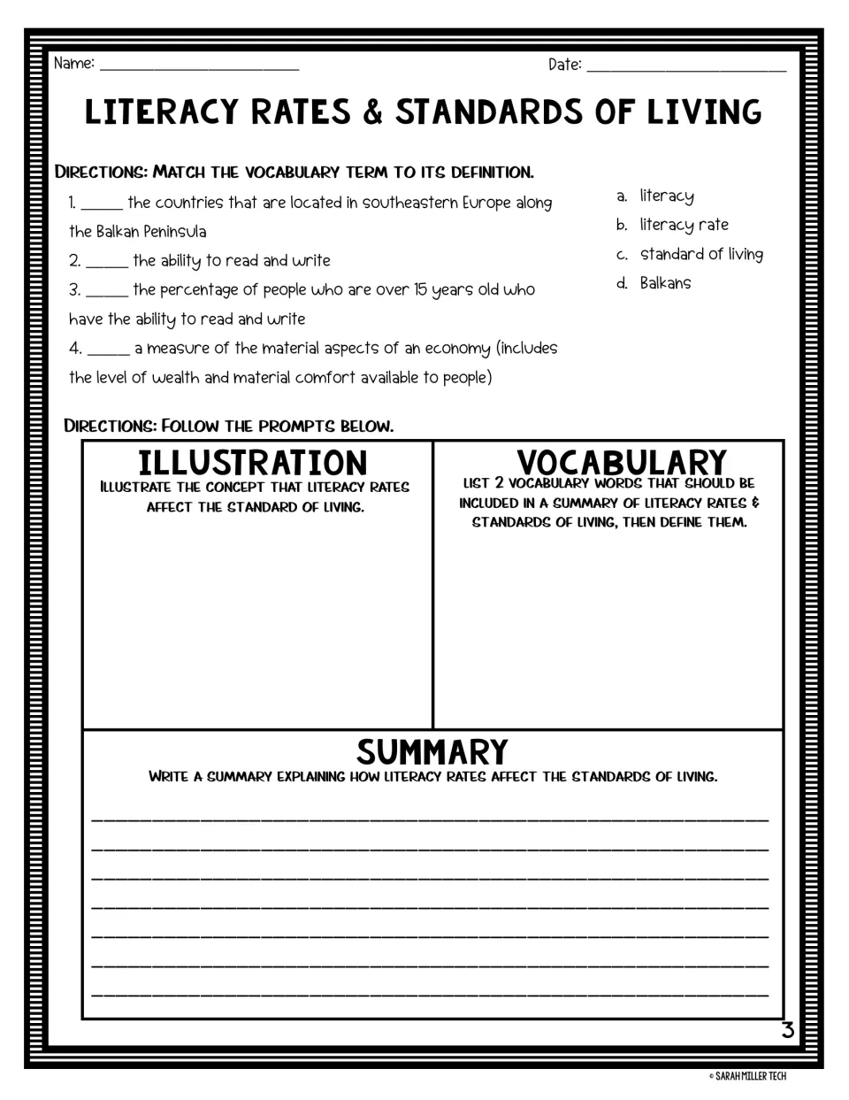 Vocabulary matching and prompts to illustrate, define terms, and summarize literacy's effect on living standards