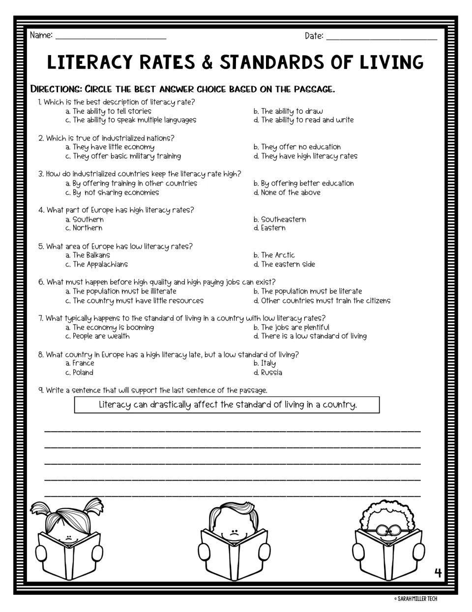 Eight multiple-choice questions and a written response on how literacy rates affect standards of living