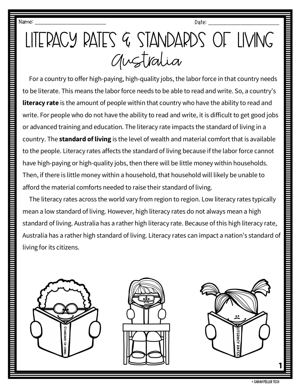 Australia reading passage: students read how literacy rate, the share who can read and write, affects standard of living