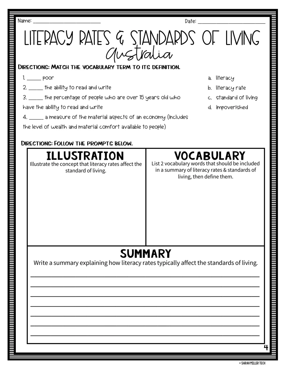 Vocabulary: students match four terms such as literacy rate to definitions, then illustrate, define 2 words and summarize