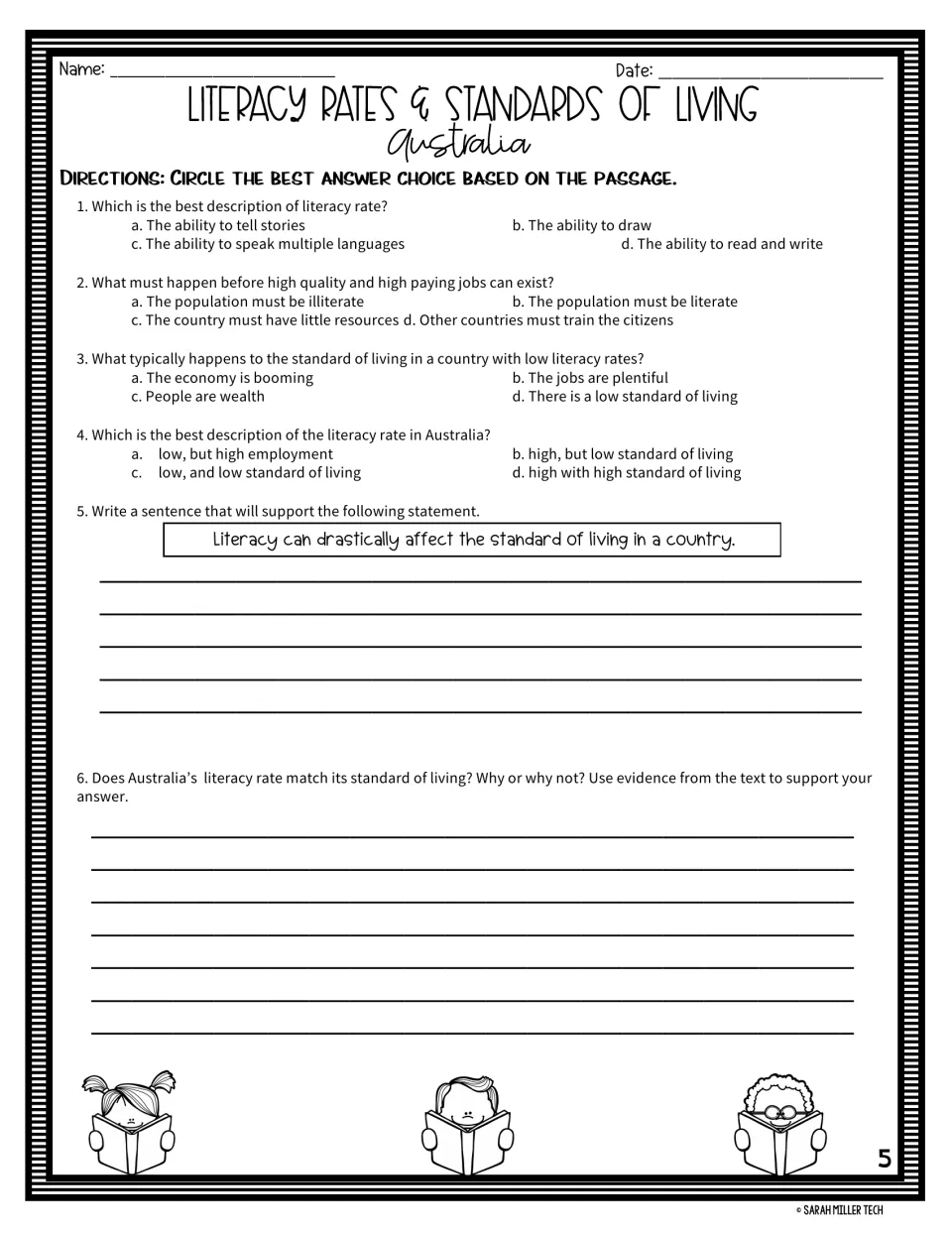 Comprehension: students answer 4 multiple-choice questions on literacy and write 2 responses on Australia's living standard