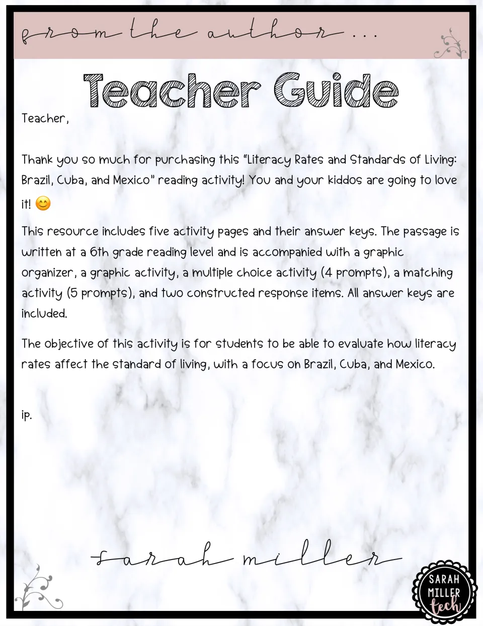 Teacher guide: lists the passage, graphic organizer, chart, matching and multiple choice activities, and all answer keys