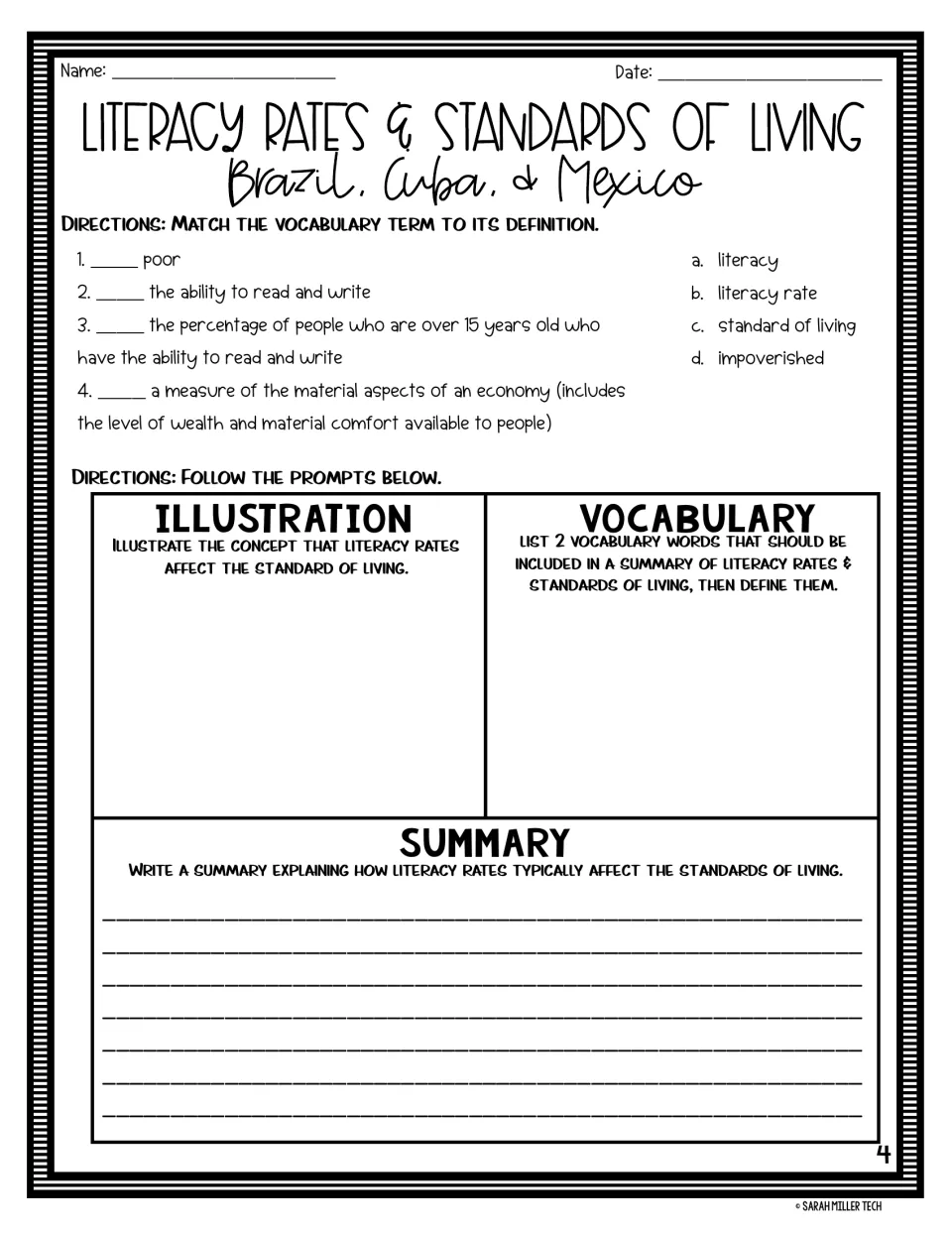 Vocabulary: students match four terms such as impoverished to definitions, then draw, define two words and write a summary