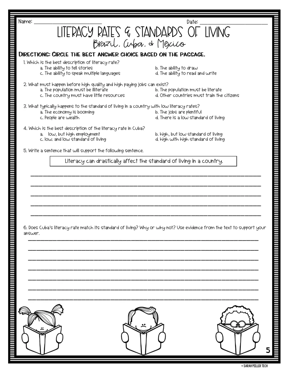 Comprehension check: four multiple choice questions on literacy and living standards, plus two written responses on Cuba