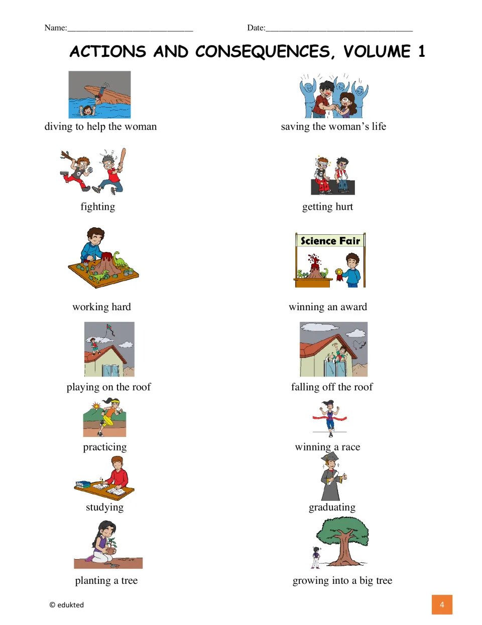 Vocabulary reference pairs seven pictured actions and consequences, including fighting and getting hurt.