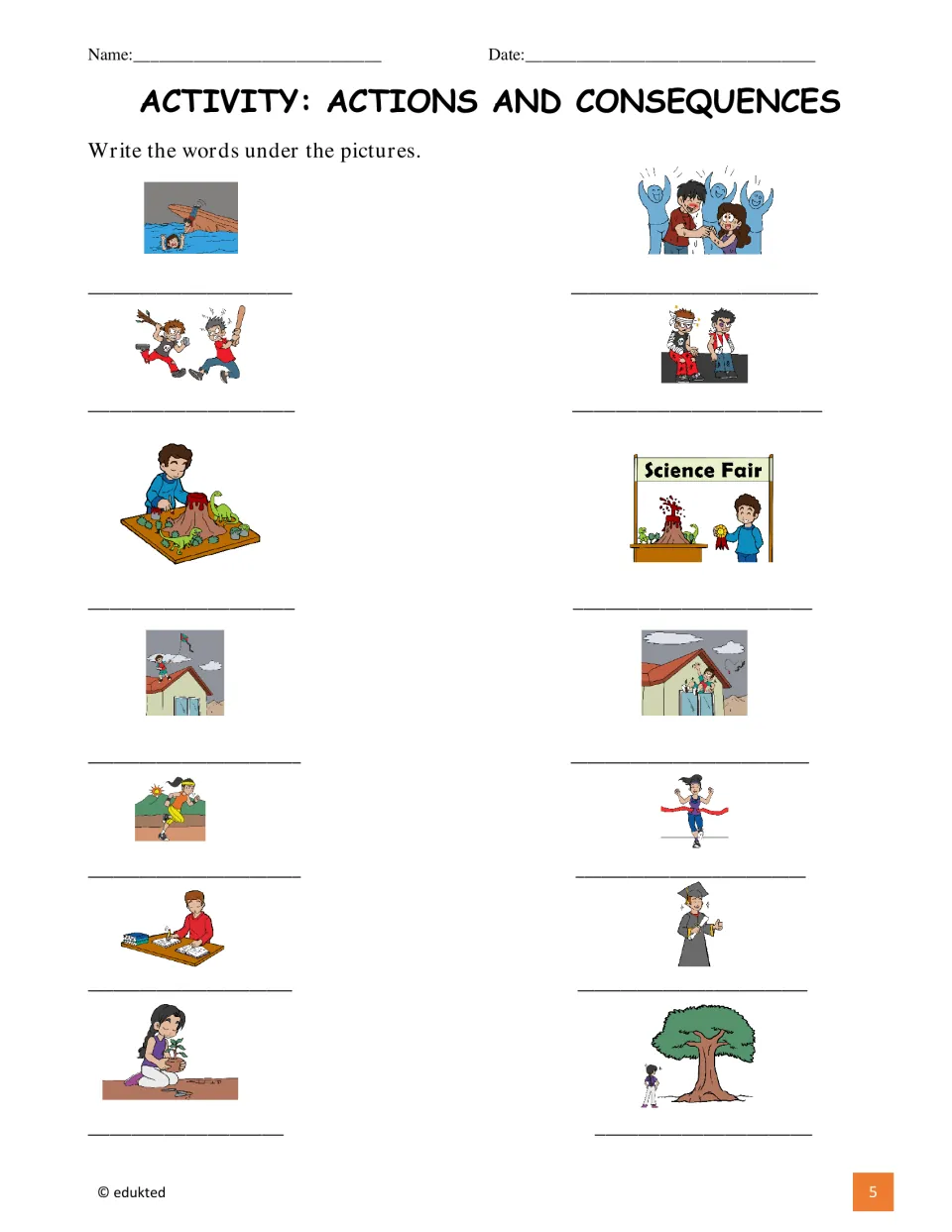 Picture-labeling activity asks students to write phrases for 14 images showing paired actions and consequences.