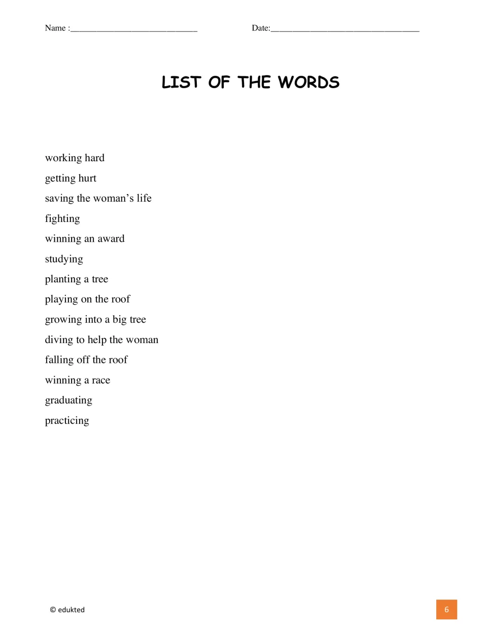 Booklet vocabulary list contains 14 phrases, including working hard, winning an award, studying, and graduating.