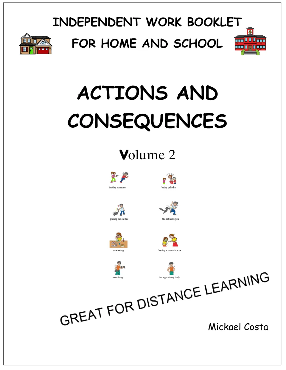 Actions and Consequences, Volume 2 cover identifies an independent work booklet for home and school.