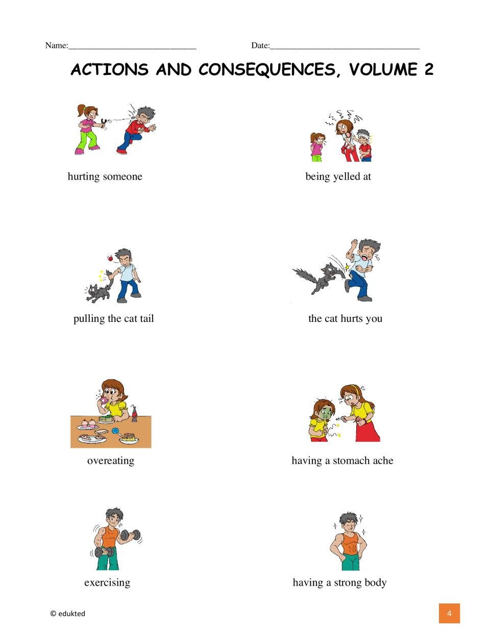 Vocabulary reference illustrates four action-and-consequence pairs, including exercising and having a strong body.