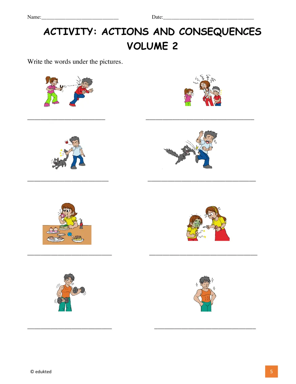 Vocabulary labeling activity asks students to write phrases under eight pictures of actions and consequences.