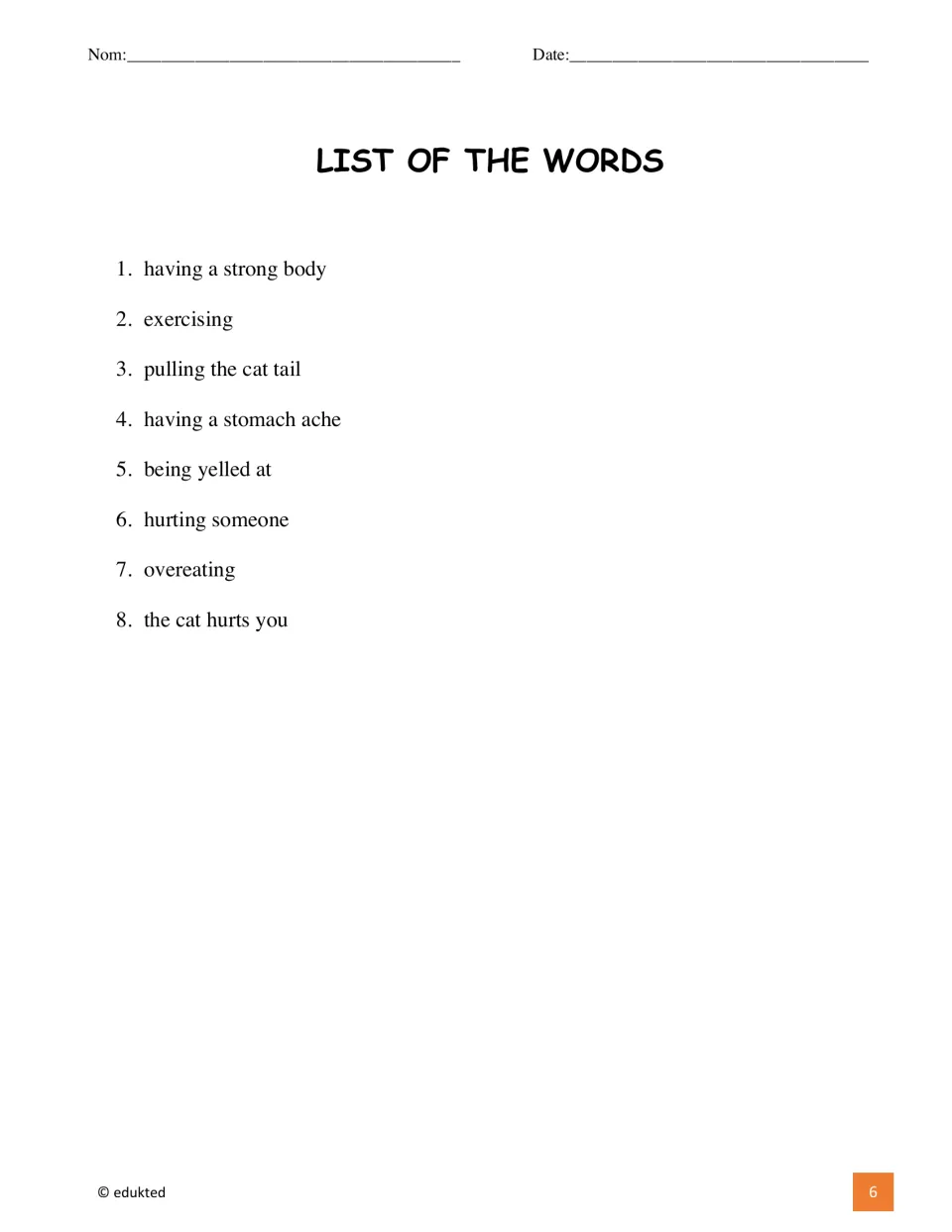 Booklet word list gives eight phrases, including hurting someone, being yelled at, exercising, and overeating.