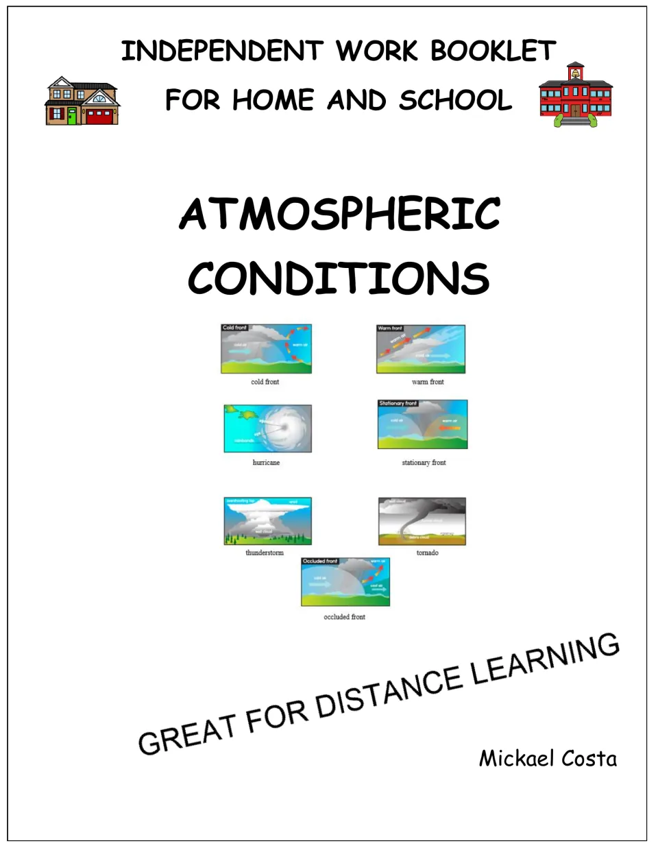 Cover of the atmospheric conditions booklet for home and school, showing seven weather vocabulary pictures