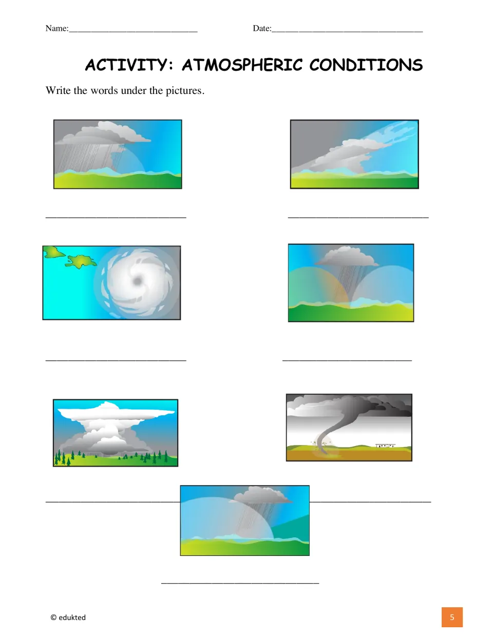 Weather vocabulary labeling activity asks students to name seven pictures using the booklet’s weather terms