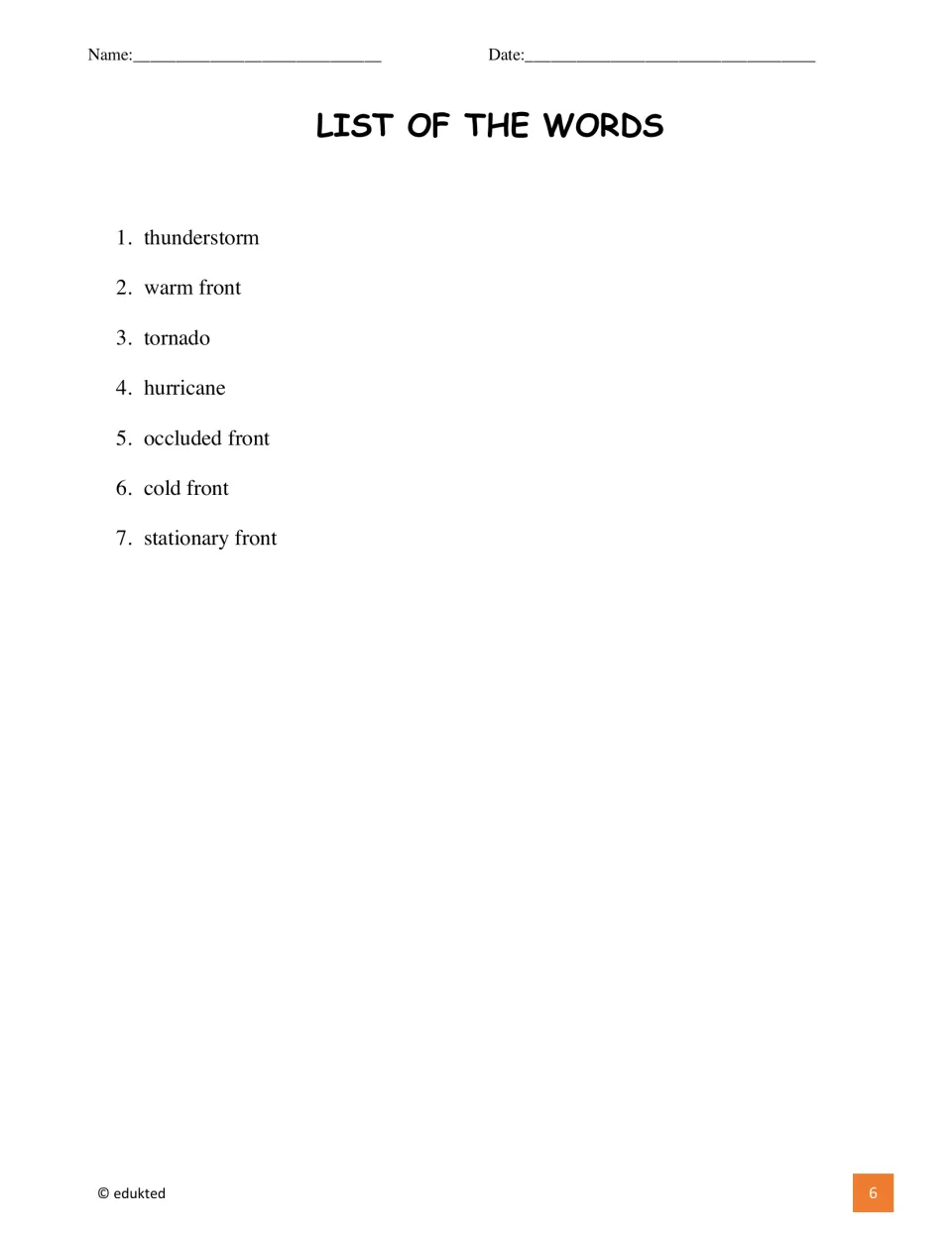 Weather vocabulary list includes thunderstorm, warm front, tornado, hurricane, and three more front types