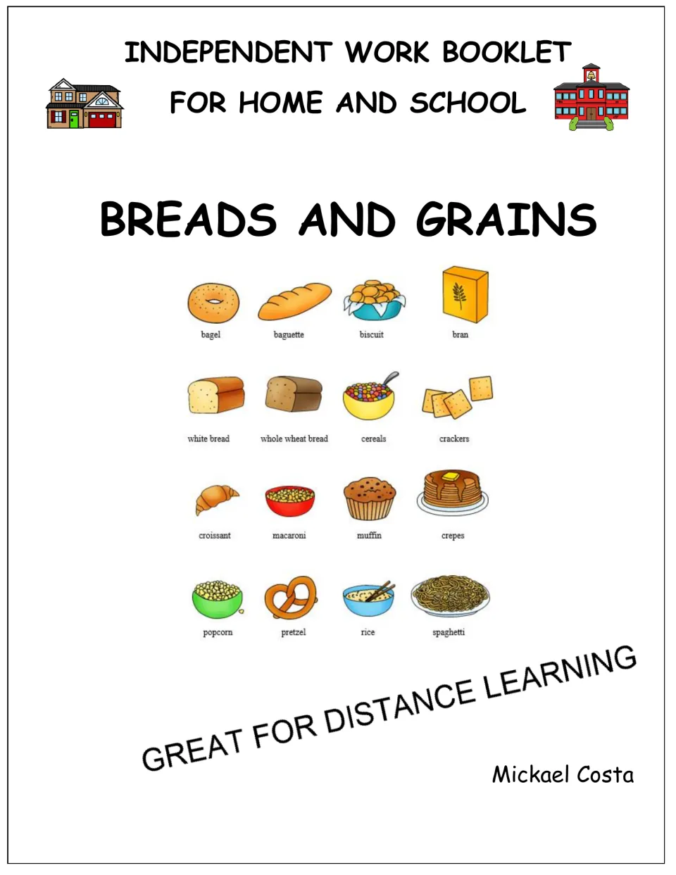 Cover of the bread and grain independent work booklet for home and school, showing 16 labeled foods