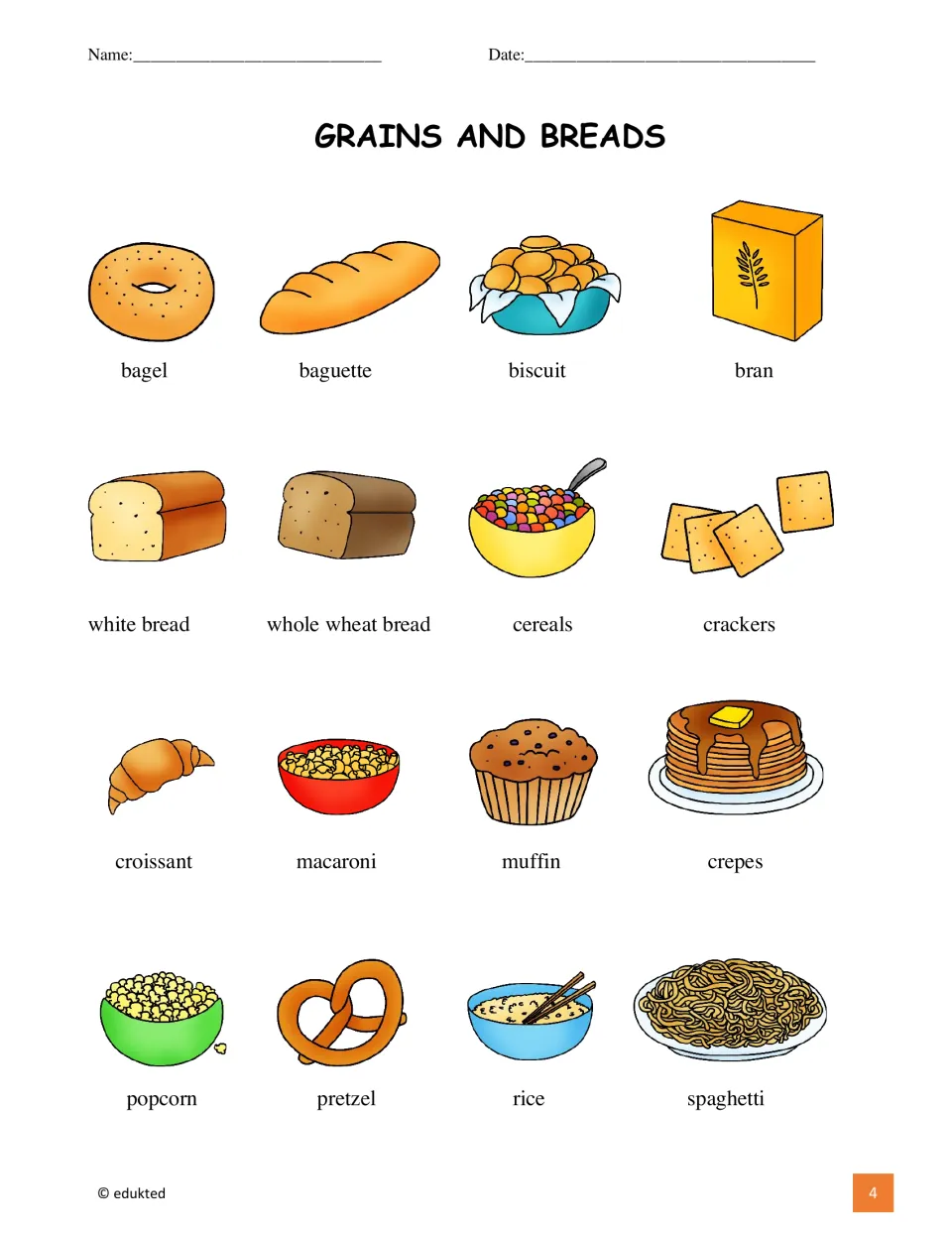 Vocabulary reference shows 16 labeled foods, including bagel, baguette, biscuit, bran, rice, and spaghetti