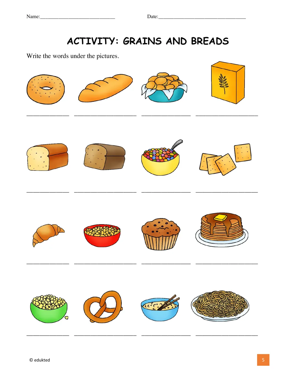 Food labeling activity asks students to write vocabulary words under 16 pictures of breads and grains