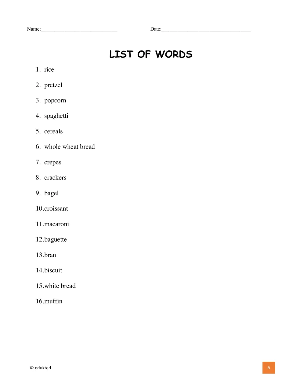 Booklet word list gives all 16 food terms, including rice, pretzel, popcorn, spaghetti, cereals, and muffin