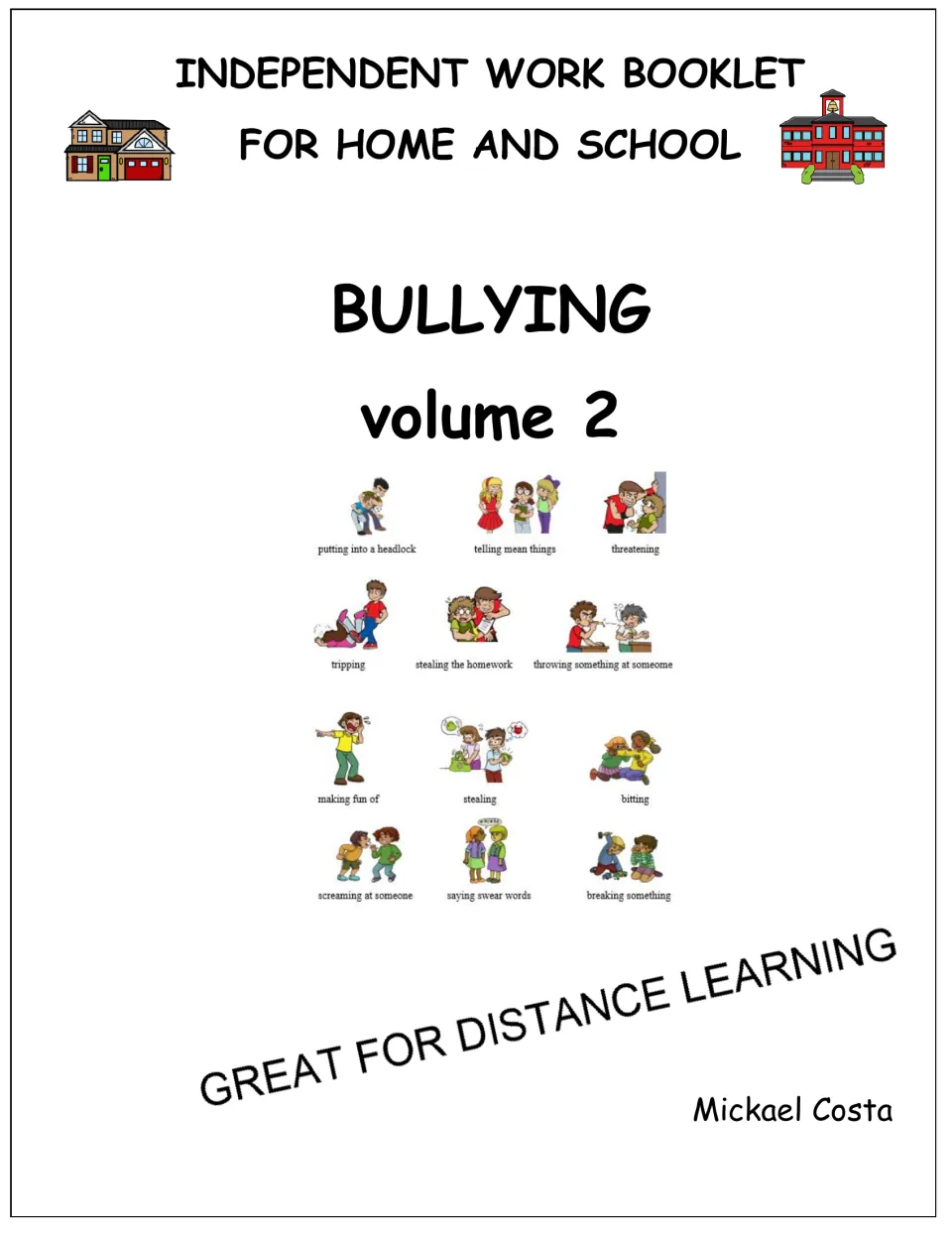 Bullying volume 2 independent work booklet cover showing 12 illustrated bullying behaviors like tripping