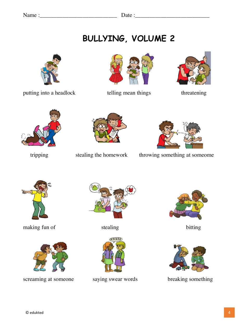 Bullying vocabulary: 12 cartoon pictures labeled with behaviors such as putting into a headlock, stealing and swear words