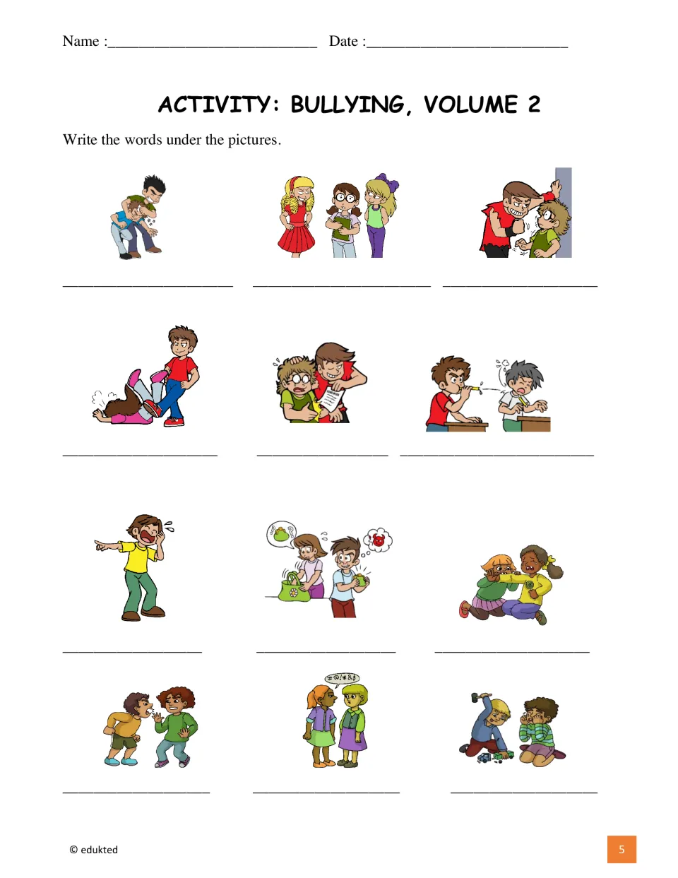 Picture labeling: students write the matching bullying vocabulary word under each of the 12 cartoon pictures