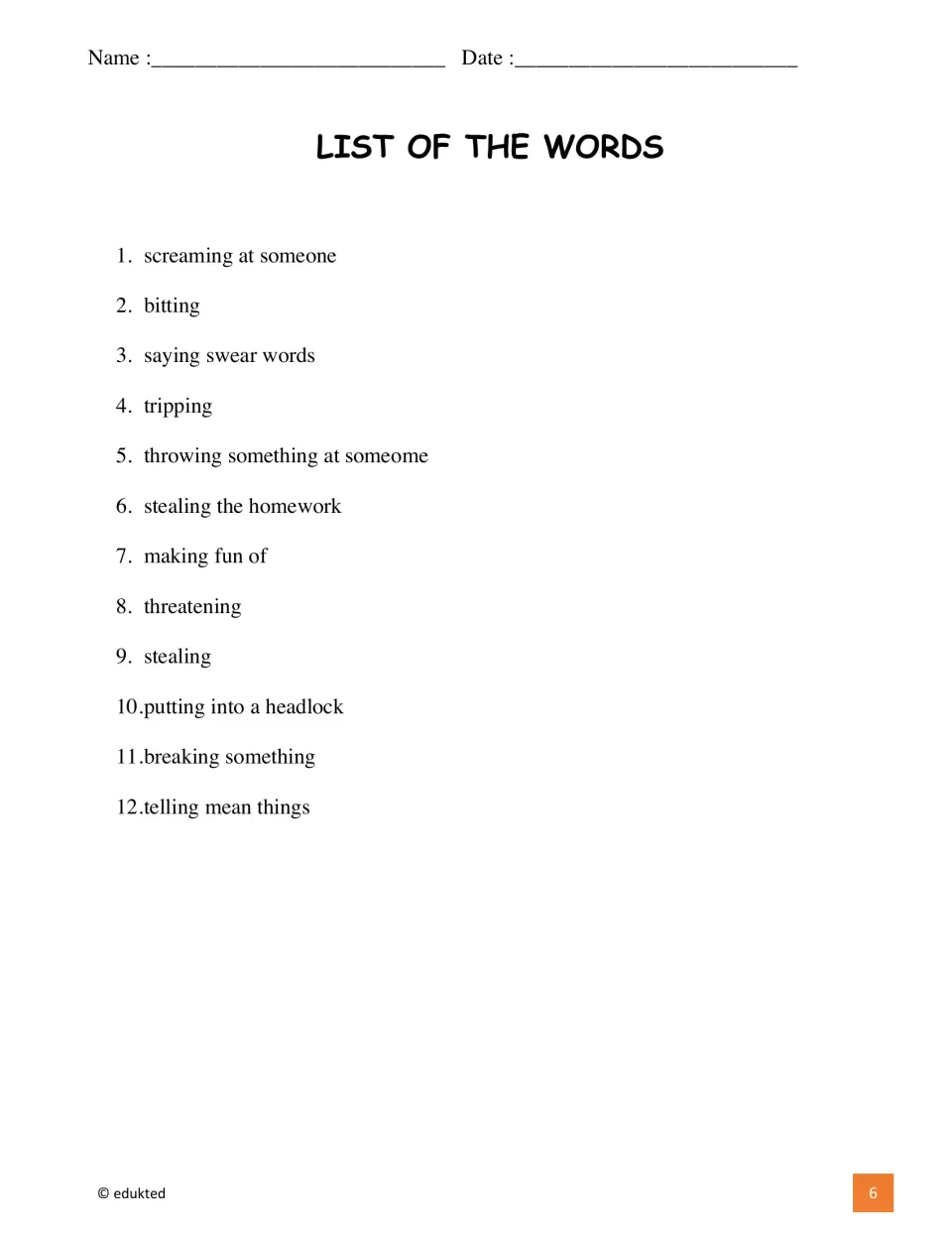List of the words: 12 numbered bullying terms, from screaming at someone and tripping to breaking something