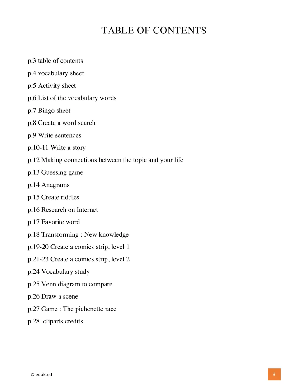 Canada booklet contents list vocabulary, bingo, writing, research, comics, and other activities through page 28.