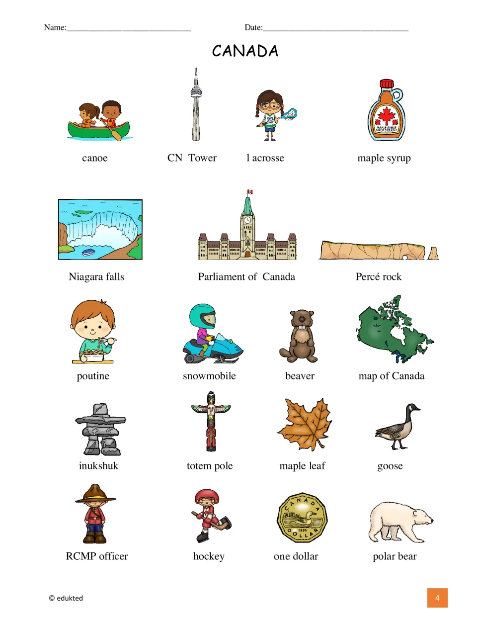 Canada vocabulary reference pairs 19 pictures with labels, including canoe, CN Tower, lacrosse, and maple syrup.