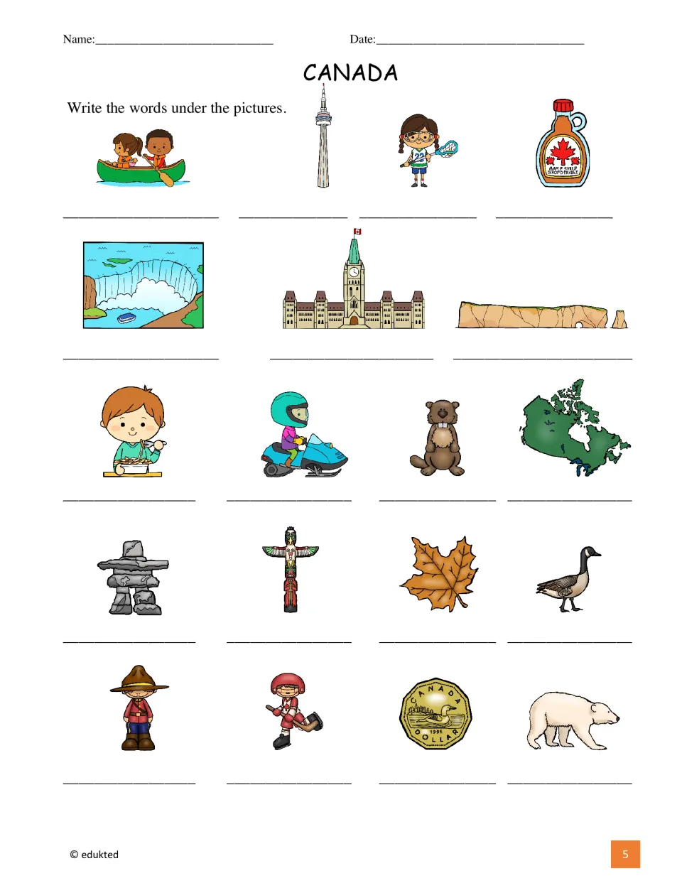 Canada picture-labeling activity asks students to write words for 19 images, including a beaver and polar bear.