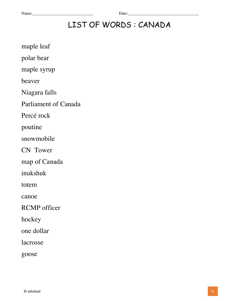 Canada vocabulary list supplies 19 terms, including maple leaf, polar bear, Niagara Falls, and RCMP officer.