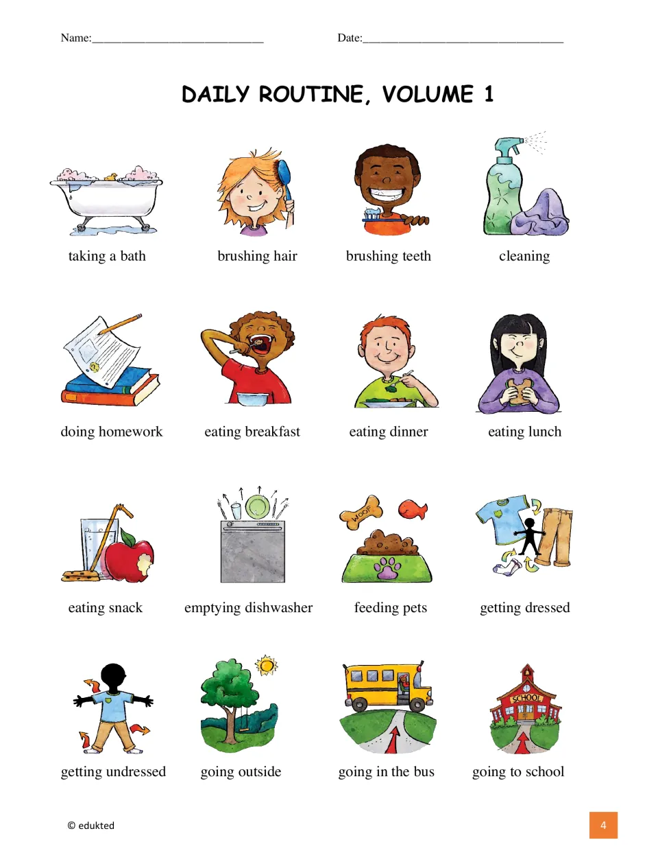 Vocabulary reference illustrates 16 daily routines, including taking a bath, brushing hair, and cleaning