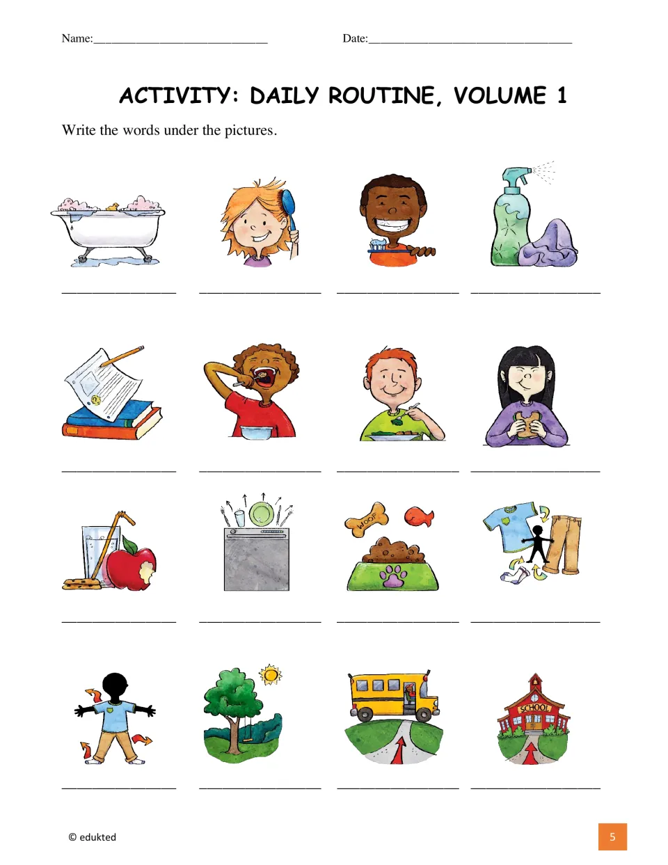 Daily routine labeling activity asks students to name 16 pictures, including brushing teeth and feeding pets