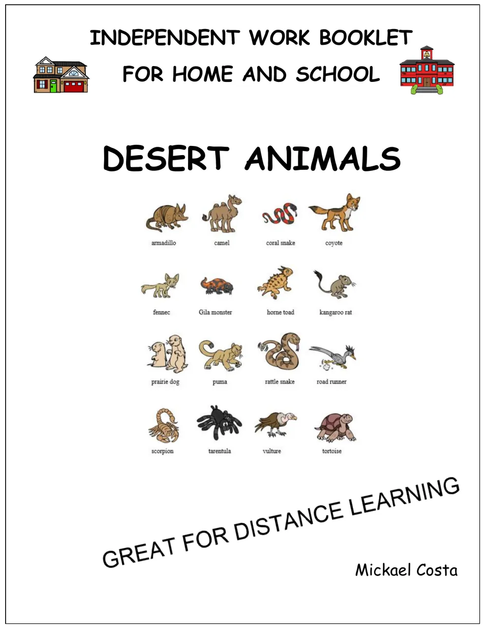 Desert Animals booklet cover identifies independent work for home and school and shows 16 labeled animals.