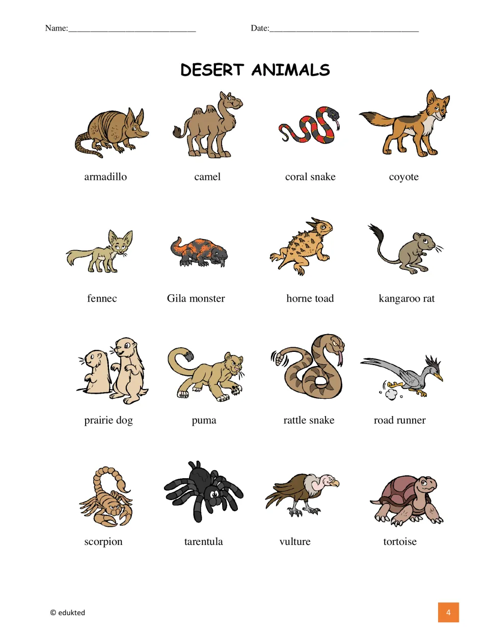Vocabulary reference pairs 16 desert animal pictures with names, including armadillo, camel, coyote, and puma.