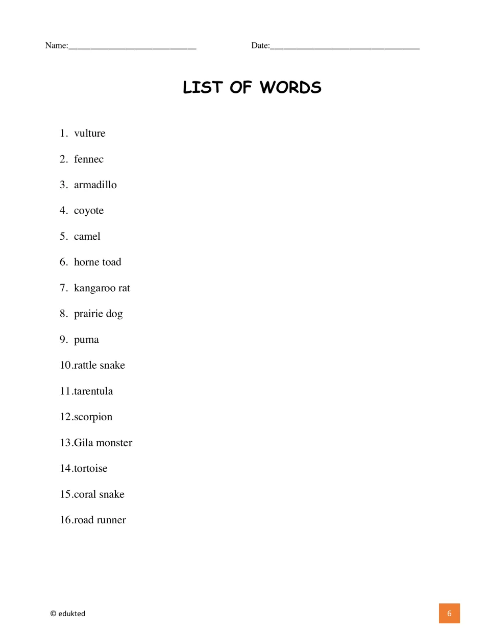 Numbered vocabulary list supplies 16 animal names for the booklet, including vulture, fennec, and armadillo.